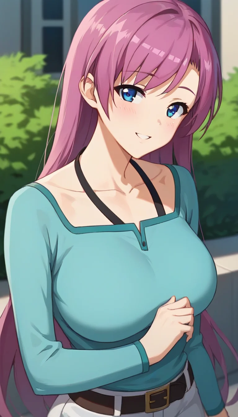 score_9,score_8_up,score_7_up,score_6_up BREAK official art,solo,outdoors,upper body,(portrait:1.5),looking at viewer,facing viewer,smile,blush,Haruka Makino,very long hair,purple hair,pink hair,side swept bangs,blue eyes,collarbone,halterneck,aqua shirt,long sleeves,large breasts,white pants,loafers,<lora:Haruka Makino(oc2)-Pony:1.7>,