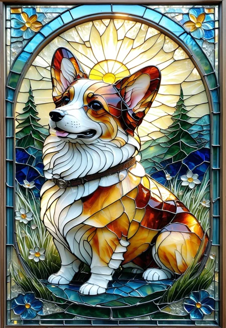 lazypos, glass shard, pembroke welsh corgi masterfully sculpted out of transparent amber and white frosted glass surrounded by glass green grass and bright blue sparkling flowers under the morning sun, made with sharp angles, stained glass outlines