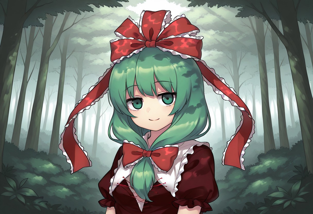 best quality, hires, upper body,
1girl, solo, kagiyama hina, fumo, smile, looking at viewer, forest, dappled sunlight,