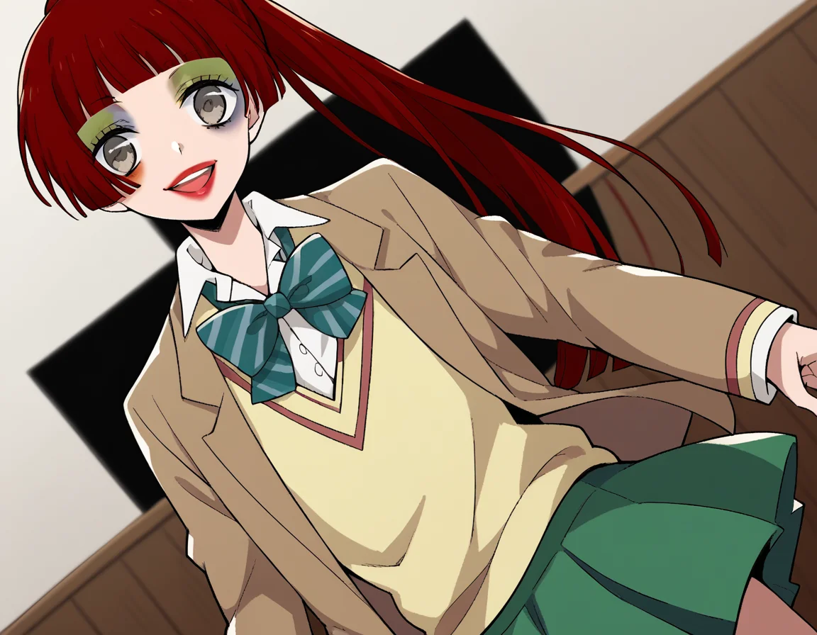 score_9, score_8_up, score_7_up, source_anime, <lora:n-arisugawa-oc-ponyxl-lora-nochekaiser:1>, n-arisugawa, long hair, red hair, bangs, blunt bangs, hime cut, grey eyes,, ponytail, makeup, lipstick, skirt, long sleeves, school uniform, jacket, miniskirt, green skirt, blazer, brown blazer, sweater vest, yellow sweater vest, bowtie, green bowtie, striped bowtie, collared shirt,, indoors, smile, looking at viewer, solo,, cowboy shot, dutch angle