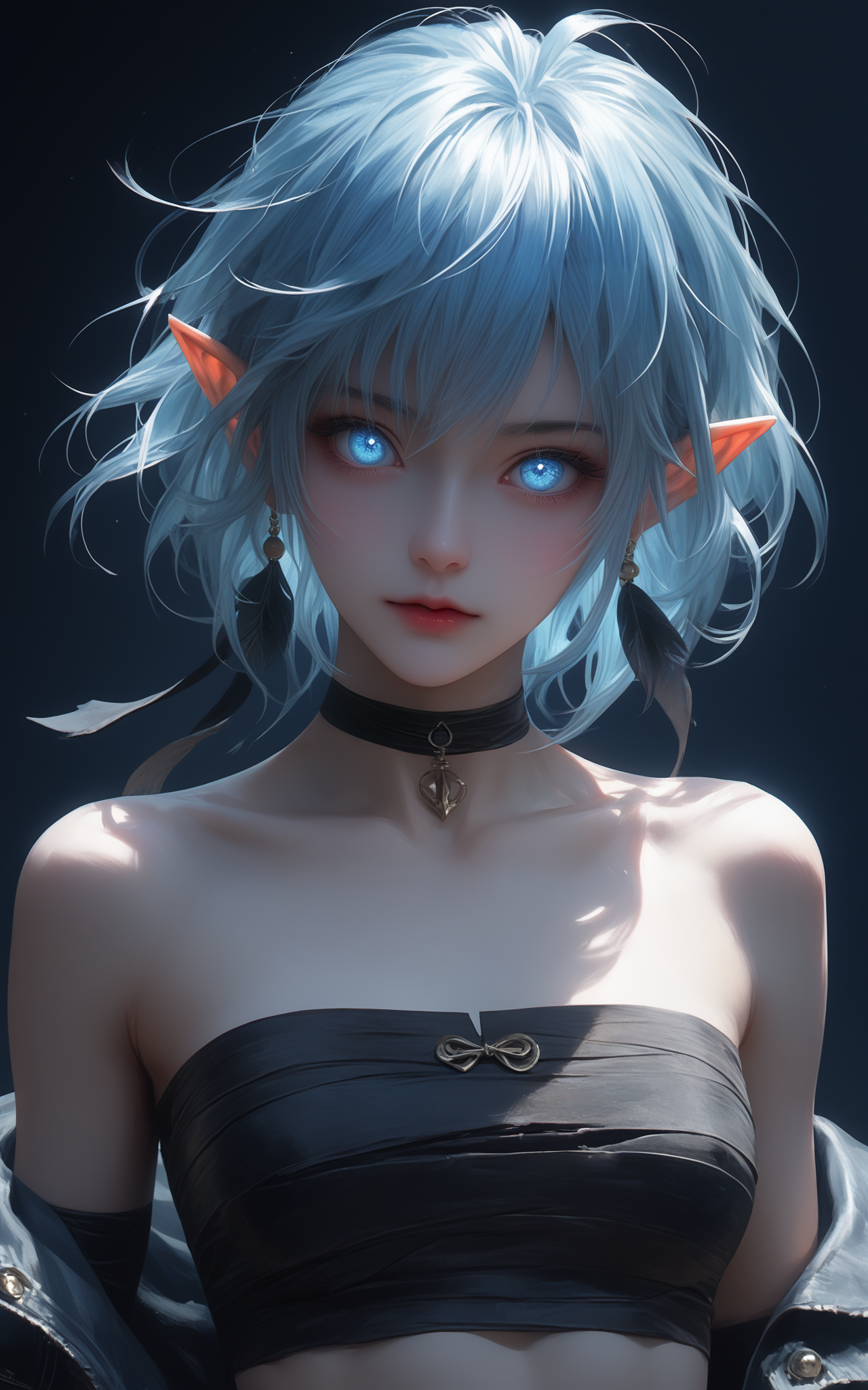 score_9,score_8_up,score_7_up,
Overall Detail,(best quality:1.1),(masterpiece:1.2),(detailed:1.1),(highres, best quality:1.2),(ultra HD quality details)(anime_source) (dynamic angle) very aesthetic,rating_questionable,uncensored,
<lora:jiangshiPony:1>,Demon,
1girl,bust shot,long blue hair with pointed ears,wearing bandages and a dark tube top,in front of a deep black background,looking at viewer with a haunting stare,a pair of glowing eyes peeking from the shadows,hinting at a lurking beast.,
