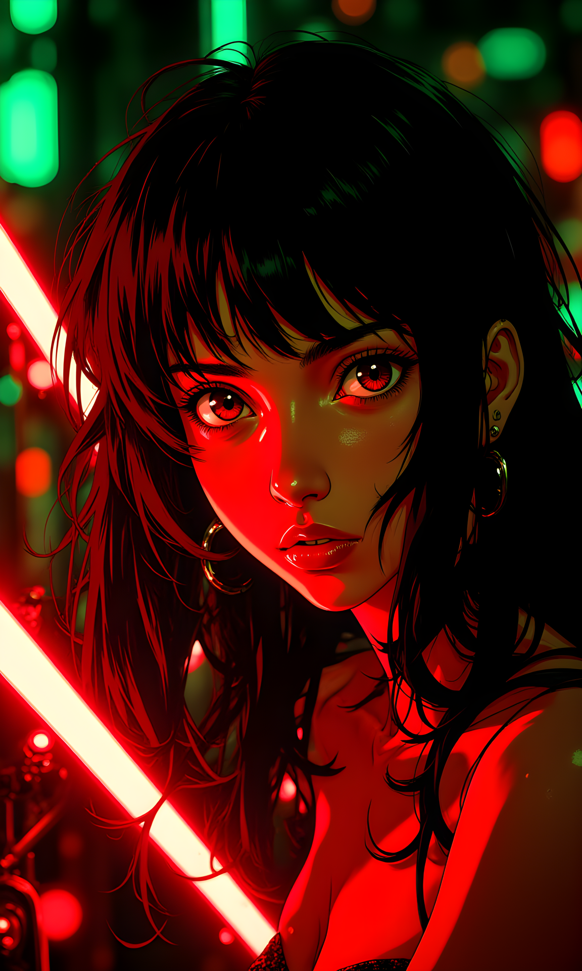 A woman with long, dark hair that appears to be partially illuminated by vibrant neon lights. Her face is the focal point of the image, with her features highlighted by a mix of red and green lighting. The light creates a striking contrast, casting intricate patterns and shadows across her face.
Her facial expression is intense and captivating. She has a direct gaze, looking straight at the camera, which creates a sense of connection with the viewer. Her eyes are wide open, adding to the overall intensity of her look. The bright colors of the lighting enhance the contours of her face, making her features stand out even more.
She is positioned in a close-up shot, with her face filling most of the frame. Her head is slightly tilted, creating a dynamic and engaging composition. The way she holds herself conveys a sense of confidence and presence.
There are no visible clothes on the woman, as the focus is primarily on her face and the interaction with the neon lights. The absence of clothing allows the viewer to fully appreciate the details of her face and the play of light.
The camera is positioned close-up, capturing the woman from a frontal perspective. This angle allows for a detailed and intimate view of her face and upper body. The framing is tight, focusing primarily on her and the immediate surroundings.
The lighting in the image is predominantly red and green, creating a strong contrast between the illuminated areas and the shadows. The red light casts a warm, almost ethereal glow over one side of her face, while the green light highlights the other side, adding coolness and depth. The interplay of light and shadow enhances the overall mood and atmosphere of the image.
The background is blurred and abstract, with no distinct features or objects. The focus is entirely on the woman and the neon lighting. The darkness of the background helps to draw attention to the subject and the vibrant colors.
The composition is centered and symmetrical, with the woman positioned in the middle of the frame. The lines of the light and the direction of her gaze guide the viewer's eye through the image, creating a sense of balance and harmony. The overall effect is one of drama and intensity, capturing a moment of powerful presence and beauty in a surreal and atmospheric setting.
BREAK j_art, anime, anime art, <lora:FLUX\RetroAnimeS1.1:0.1>, <lora:FLUX\GLSHS:0.1>, <lora:FLUX\Dieselpunk Delight - s0_9 g4:0.1>, <lora:FLUX\Anime Art V3:0.1>, <lora:FLUX\jul\J_Anime:1.0>