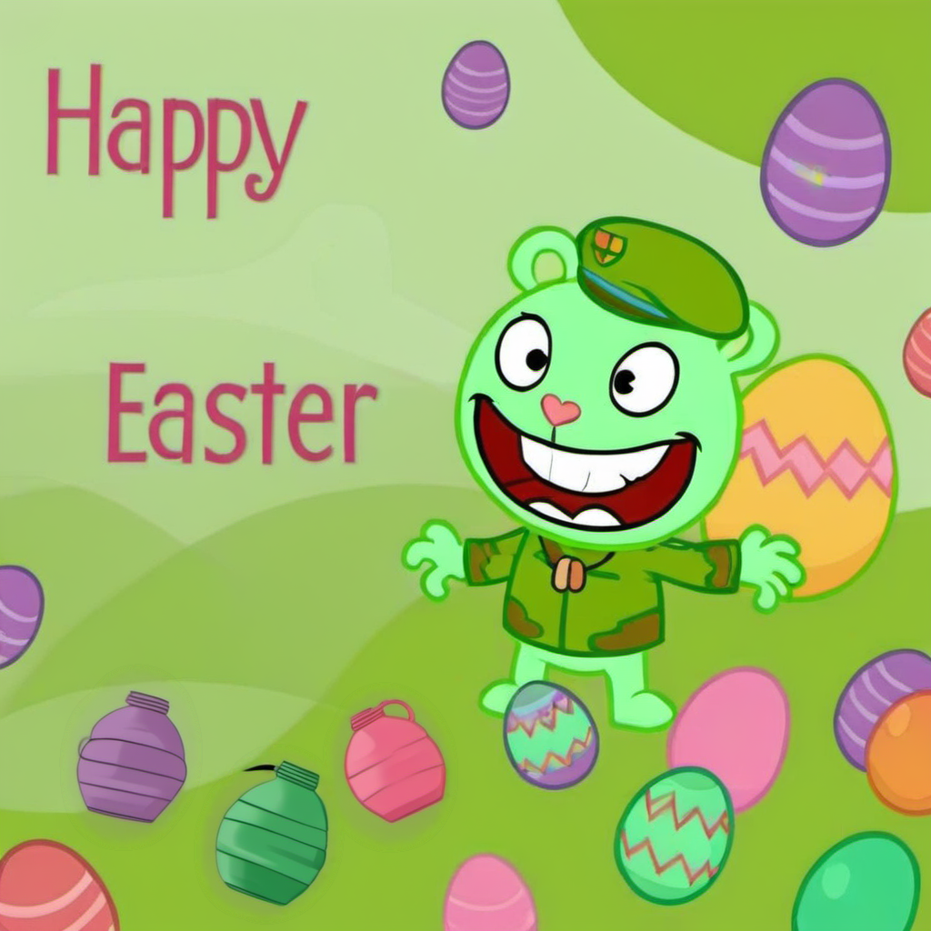 a cartoon character smiling, easter scenery, handgrenades and eastereggs<lora:Flippy1024:0.8>