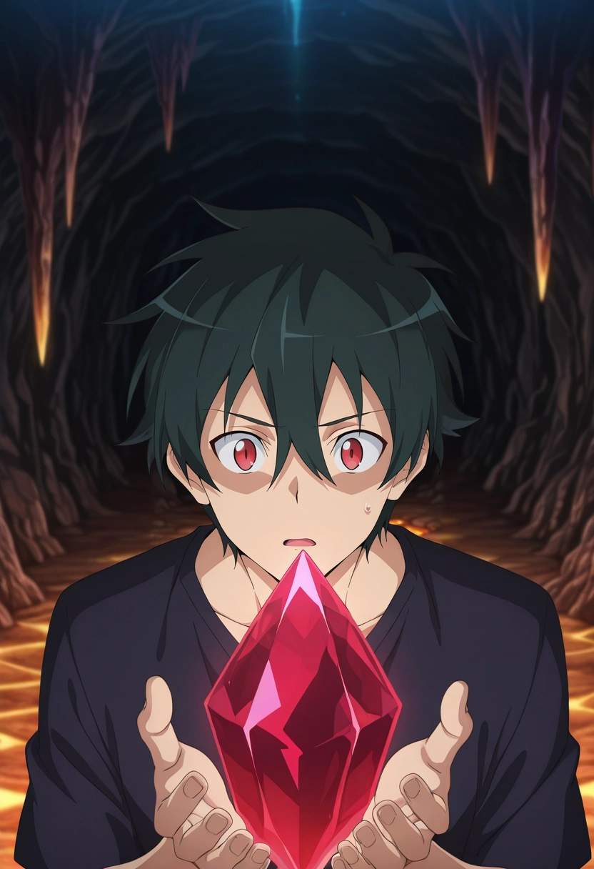 masterpiece, best quality, intricate details, anime screencap, anime coloring, official style, , 1boy, solo, male focus, <lora:sadao_maou_ilxl:1>, sadao_maou, black hair, red eyes, short hair, hair between eyes, crystal cave, glowing minerals, underground lake, stalactites, touching crystal, amazed expression, cave lighting,