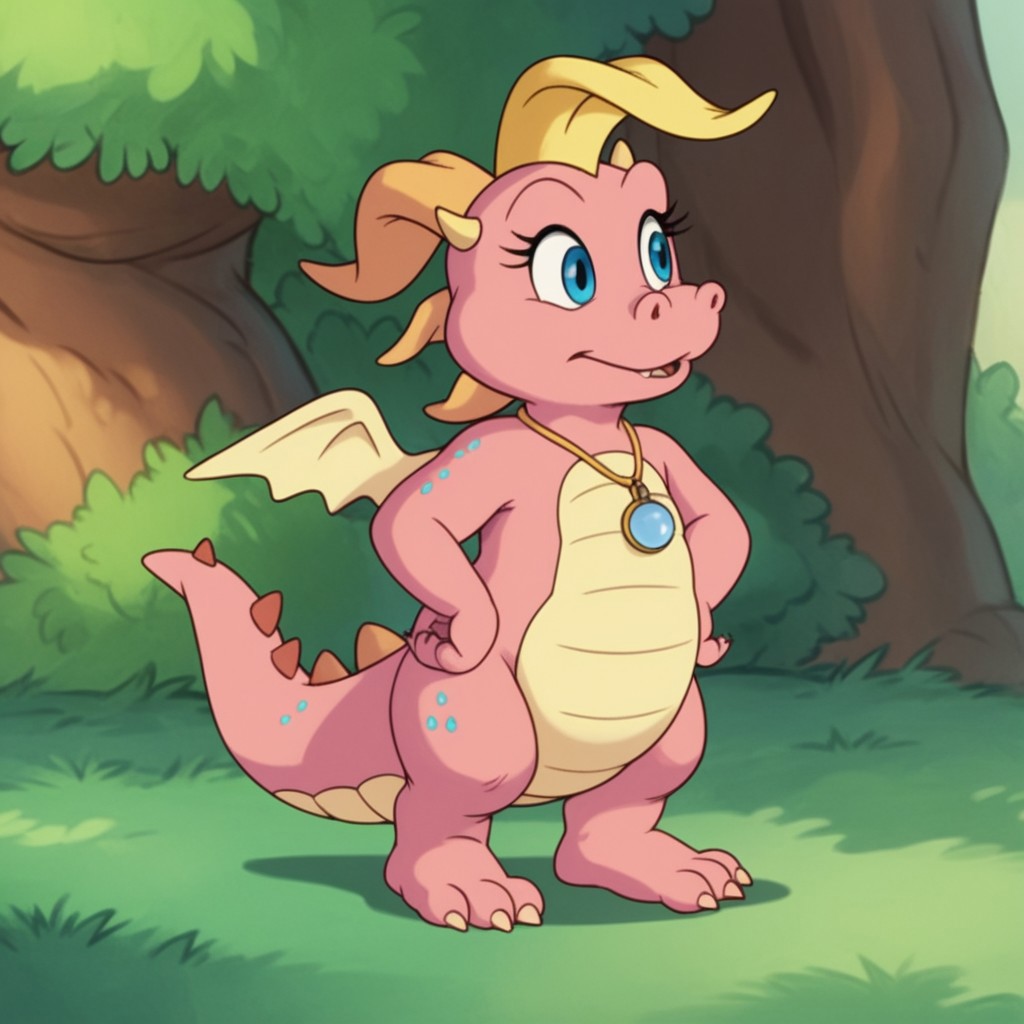 score_9, score_8_up, score_7_up, score_6_up, score_5_up, score_4_up source_furry, CassieDT, semi-anthro, female, dragon, pink skin, horns, wings, jewelry, necklace, standing, outside, hands on hips