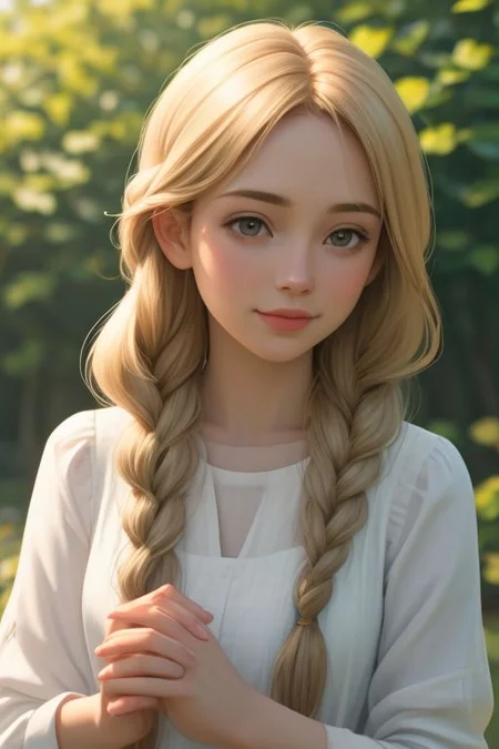 Girl, long hair gathered in a braid, flowers woven into her hair, light spring dress (bright color), slight smile on her face, flowers in her hands, portrait, ultra-detailed, realism, 32k