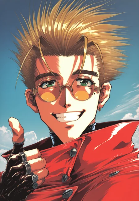 MinekuraStyle, official art, cover, 1900s style, retro artstyle, film grain,
BREAK
1boy, mature_male, vash, yellow hair, red cape, yellow round glasses, green eyes, mole under one eye, smiling, happy, teeth, looking at viewer, thumbs up, face focus, portrait, close up, upper body
BREAK
masterpiece, best quality, very aesthetic, absurdres, highly detailed, fine detail, intricate detail, blue sky