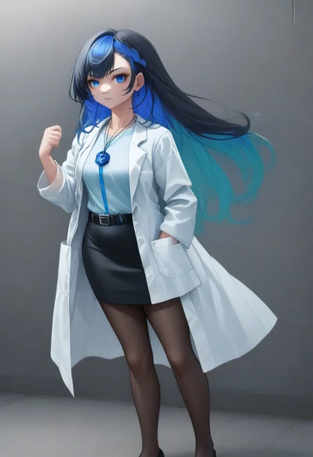 solo, score_9, score_8_up, full body, digital art, highly detailed, lv1rubili, civitai-chan, braided bangs, labcoat, shirt, shirt tucked in, single vertical stripe, black skirt, pencil skirt, pantyhose, necklace, belt, multicolored hair, black hair, blue hair, blue eyes, female focus, human