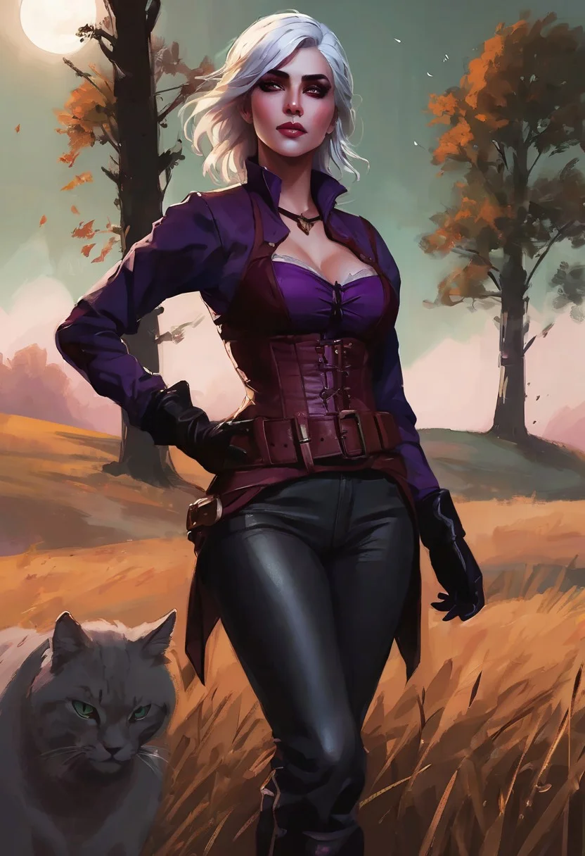 Ciri gazes directly at the viewer, her neutral expression framed by striking eyeshadow in deep aubergine. A prominent scar adds intrigue to her face. She wears a fitted forest green blouse and a leather corset cinched with a matching belt, paired with tight black pants. Leather gloves complete her look. Set against an autumn field under moonlight, the scene is rich with deep colors, enhancing her fierce yet graceful presence.