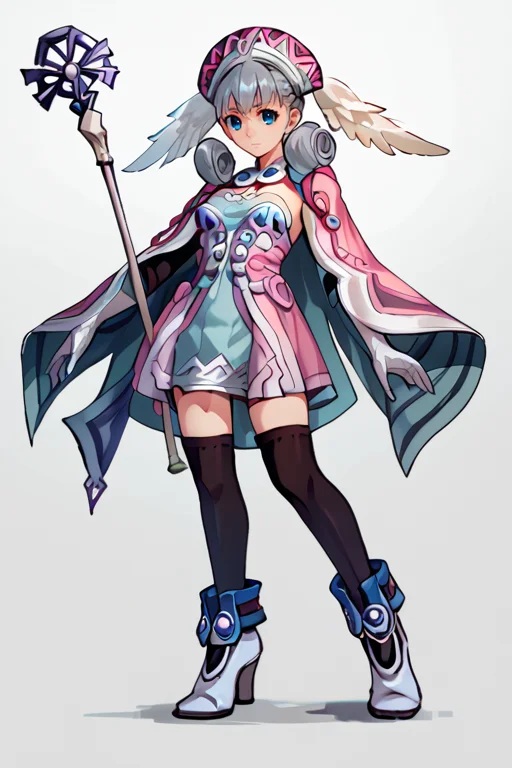 <lora:melia_xenoblade-10:1> melia_xc, grey hair, covered head wings, crown braid, sidelocks, curly hair, blue eyes, hat, cape, white gloves, black elbow gloves, pink strapless dress, short dress, , black thighhighs, zettai ryouiki, white shoes, holding staff,, , score_9, score_8_up, score_7_up, source_anime, detailed, high quality, beautiful, masterpiece,