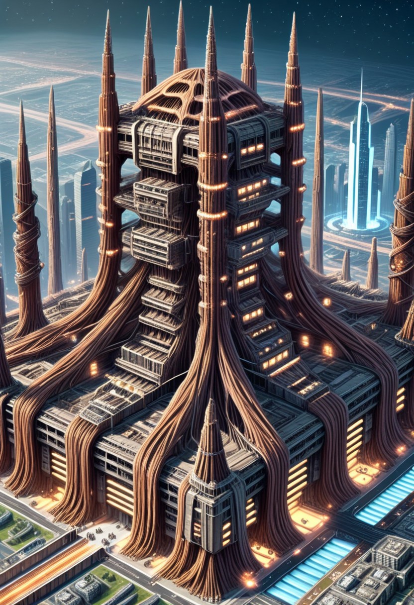 embedding:lazympos, megastructure made of w00kiee, science fiction, scenery, lights, cables, skyscrapers, isometric