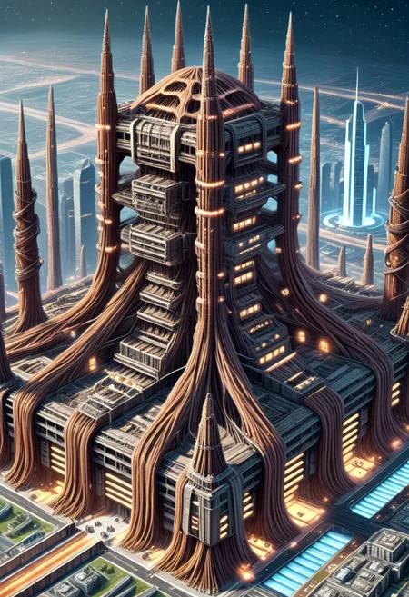 embedding:lazympos, megastructure made of w00kiee, science fiction, scenery, lights, cables, skyscrapers, isometric