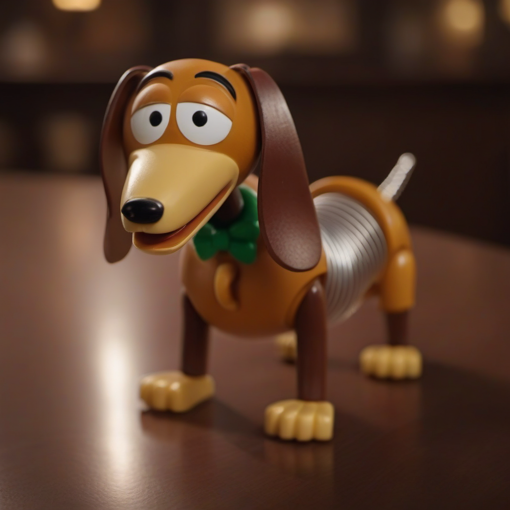 cinematic photo  a toy dog with a spring body having a beer in a pub<lora:SlinkyDog1024:0.8> . 35mm photograph, film, bokeh, professional, 4k, highly detailed