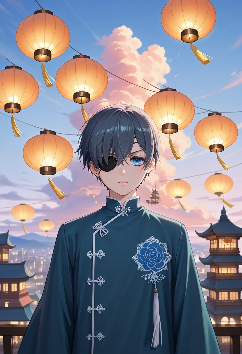 masterpiece, best quality, intricate details, semi-realistic, looking at viewer, 1boy, solo, male focus, <lora:ciel_phantomhive_ilxl:0.92>, ciel_phantomhive, black hair, blue eyes, short hair, eyepatch, floating city, wind bridges, sky lanterns, air gardens, strolling pose, content expression, dusk,
