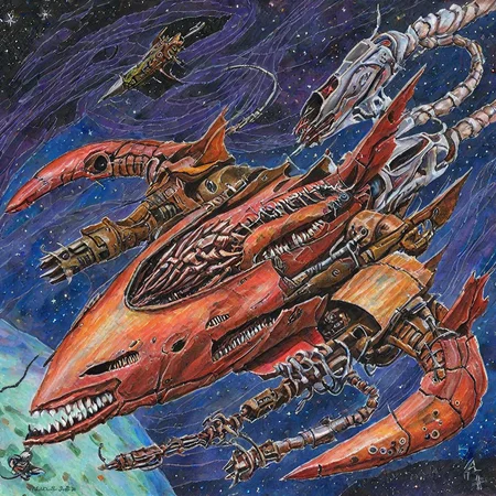 oil painting of a fish shaped spaceship with a large metal jaw,teeth,gun turrets,side view,phyrexian,cables,twisted, in outer space,colored pencil art, <lora:PhyrexianStyleXL:0.8>, on paper