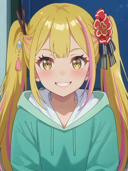 score_9, score_8_up, score_7_up, score_6_up, score_5_up, score_4_up, source_anime,,cinematic shadow, character focus, detailed skins,(cowboy shot:1.4),body blush,<lora:StS_PonyXL_Detail_Slider_v1.4_iteration_3:4>, <lora:Sara_Da_Odin__Henjin_no_Salad_Bowl_:1>,saraodin, multicolored hair, blonde hair, long hair, streaked hair, pink hair, twintails, hair ornament,hair flower,hair ribbon, bangs, yellow eyes,child,saragreenhood, light green hoodie, hood down,dynamic pose, contrapposto, smile,