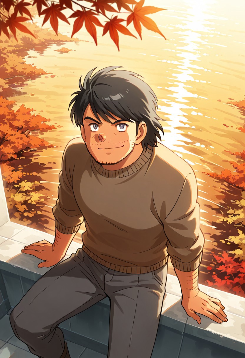 score_9, score_8_up, score_7_up, source_anime, rating_safe, day, natural lighting, autumn theme, autumn leaf, leaves, water, water ripple, male focus, looking up at viewer, sitting, smiling, (( <lora:kira_kozo:1> , kira_kozo, piercing dark grey eyes, clear eyes, friendly eyes, wrinkle under eyes, short chubby body, slightly chubby face, fat but strong male, disgusting hairy male, round alcoholic nose, very lightly tanned skin, messy short black hair, messy short bangs, short stubble beard, creepy male, uncharismatic male, )) , constricted pupils, closed mouth, autumn clothes, sweater, pants, manly, 1man, blurry outdoors, from above, dutch angle, intricately detailed illustration, atmospheric perspective, depth of field