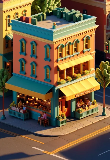 ispzxll, diorama, isometric, miniature, main street usa scene, diner, golden hour, long shadows, volumetric lighting style, pedestrian crowds, parked cars, traffic light, storefronts, taxi cab, mailbox, trash can, mature trees, epic architecture, intricate details, potted plants, ultra-detailed, 8k, fluffy clouds and setting sun in background