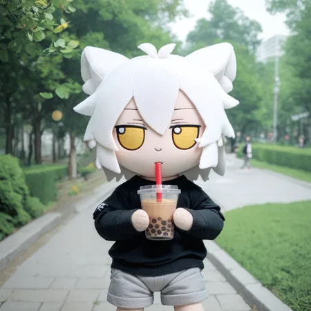 score_9_up, score_8_up, score_7_up, fumo, fumos, plushie, cute, toys, dolls, toy, fumo style, Fumo plush doll, fumo \(doll\), white hair, yellow eyes, park, holding, bubble tea, black sweater, gray shorts, 1boy, solo