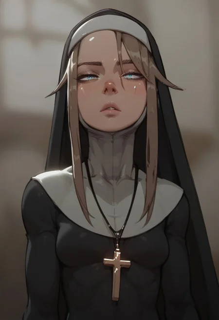 score_9, score_8_up, score_7_up,toned body,perky breasts,shiny skin,elegant woman,perky breasts,Gardie, brown hair, blue eyes, habit, nun , nun dress, cross necklace,in a church