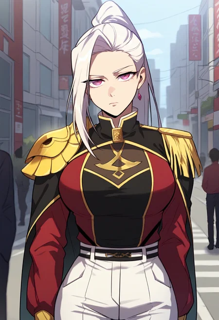 score_9, score_8_up, score_7_up, score_6_up, source_anime, rating_explicit, 1girl, solo, huge breasts, <lora:Baek Hwayeon prefectPonyxl:0.85> long hair, white hair, purple eyes, pink eyes, high ponytail, red eyes, high collar, shoulder armor, epaulettes, (black cape:1.1), red jacket, open jacket, long sleeves, black shirt, black belt, white pants, expressionless, street, outdoors, looking at viewer, standing