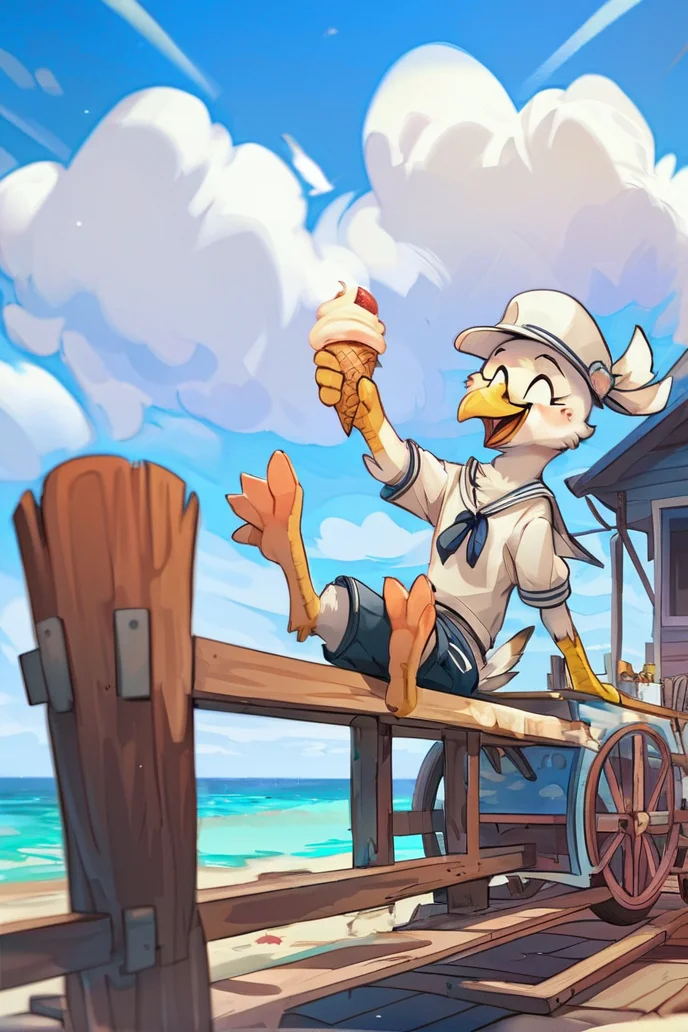 source_furry, seagull, happy, expressive, wearing a white sailor's hat, selling ice cream by an ice cream cart, pier and beach in background, blue sky, sunny, clouds, <lora:Furry Style Pony Edition :0.7>, score_9, score_8_up, score_7_up,