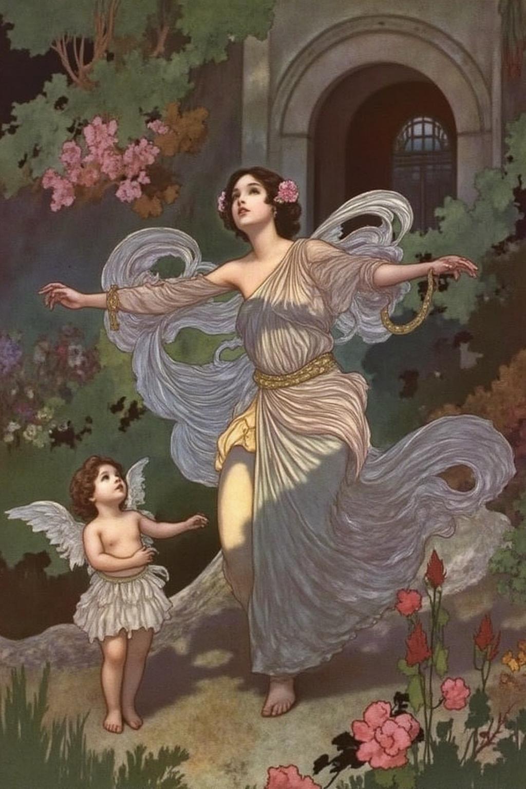 charob1 illustration.
A young woman with curly, dark hair adorned with flowers stands with her arms outstretched in a garden. She wears a flowing, ancient-inspired white and cream gown with draped, swirling fabric that appears to be made of sheer, translucent material. A cherubic young child is standing under her, looking up at the young woman. There is a building with arched door in the background.
 <lora:charob1_cap_d6a3e11:1.0><lora:824696642386115693:0>