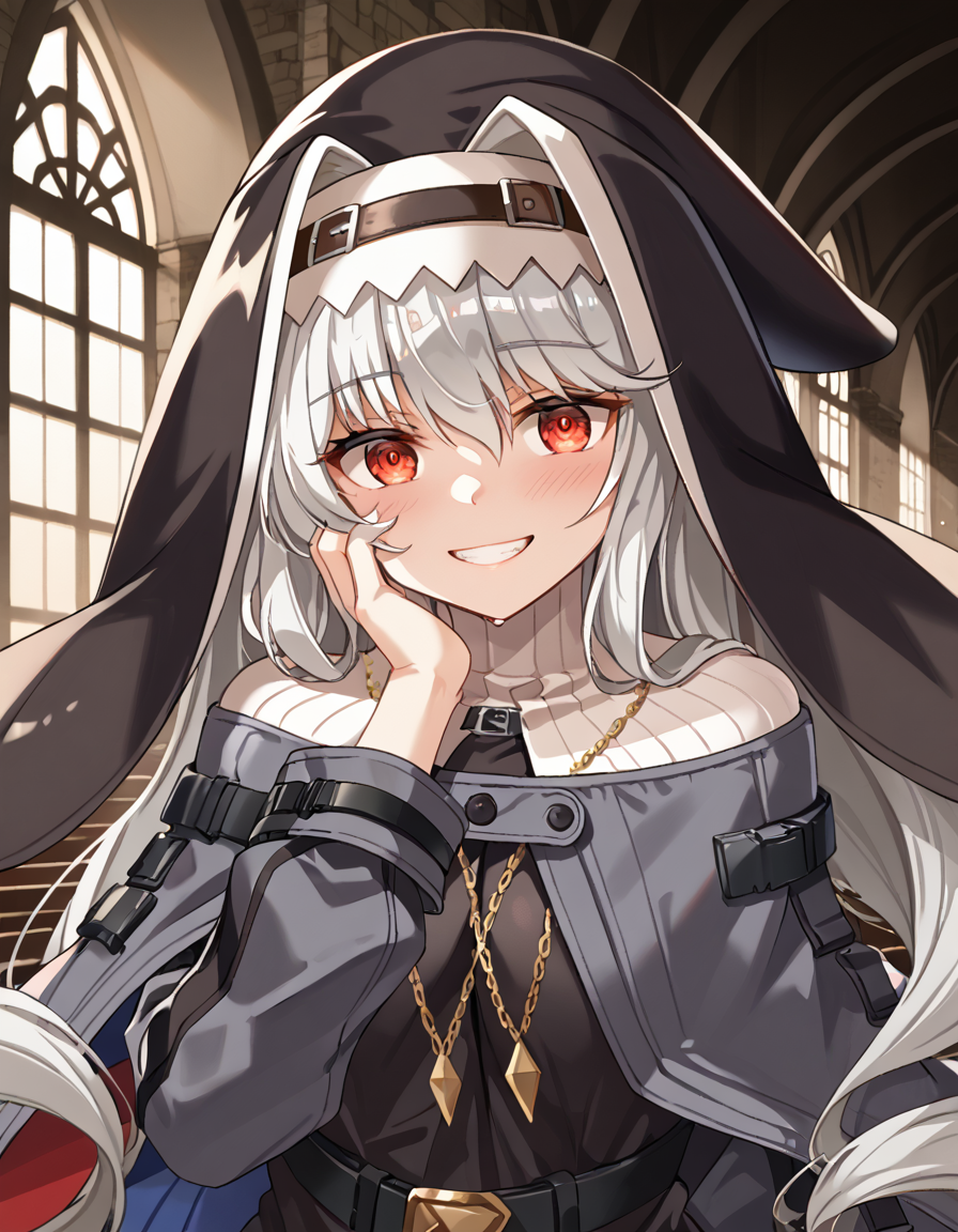 Volumetric Lighting, (masterpiece), (best quality), (ultra-detailed), masterpiece, source_anime, score_9, score_8_up, score_7_up BREAK, illustration, disheveled hair, detailed eyes, perfect composition, moist skin, intricate details BREAK, light depth, dramatic atmospheric lighting, Volumetric Lighting, specter (arknights), very long hair, white hair, red eyes BREAK, SpecNun, black clothes, Nun_dress, Nun_capelet, Nun_habit, Nun_necklace, Nun_belt, garter straps BREAK, indoor, church, hand on own face, crazy smile,upper body, yandere