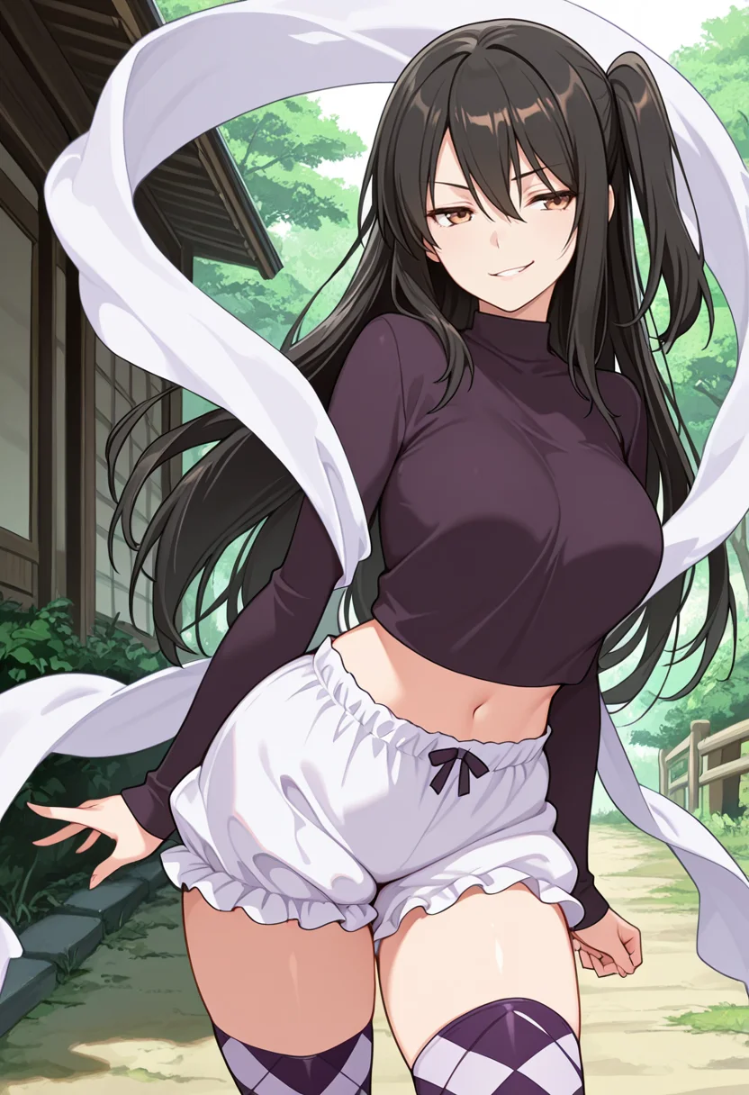 masterpiece,high quality details,
outdoors,
<lora:Adachi_Tenka:0.8> tenka_cnr, 1girl, black hair, long hair,brown eyes,hair between eyes, one side up, (aged up:1.2), (mature female:1.1),, evil grin,smirk,, hagoromo,crop top ,bloomers, ,checkered legwear thighhighs,