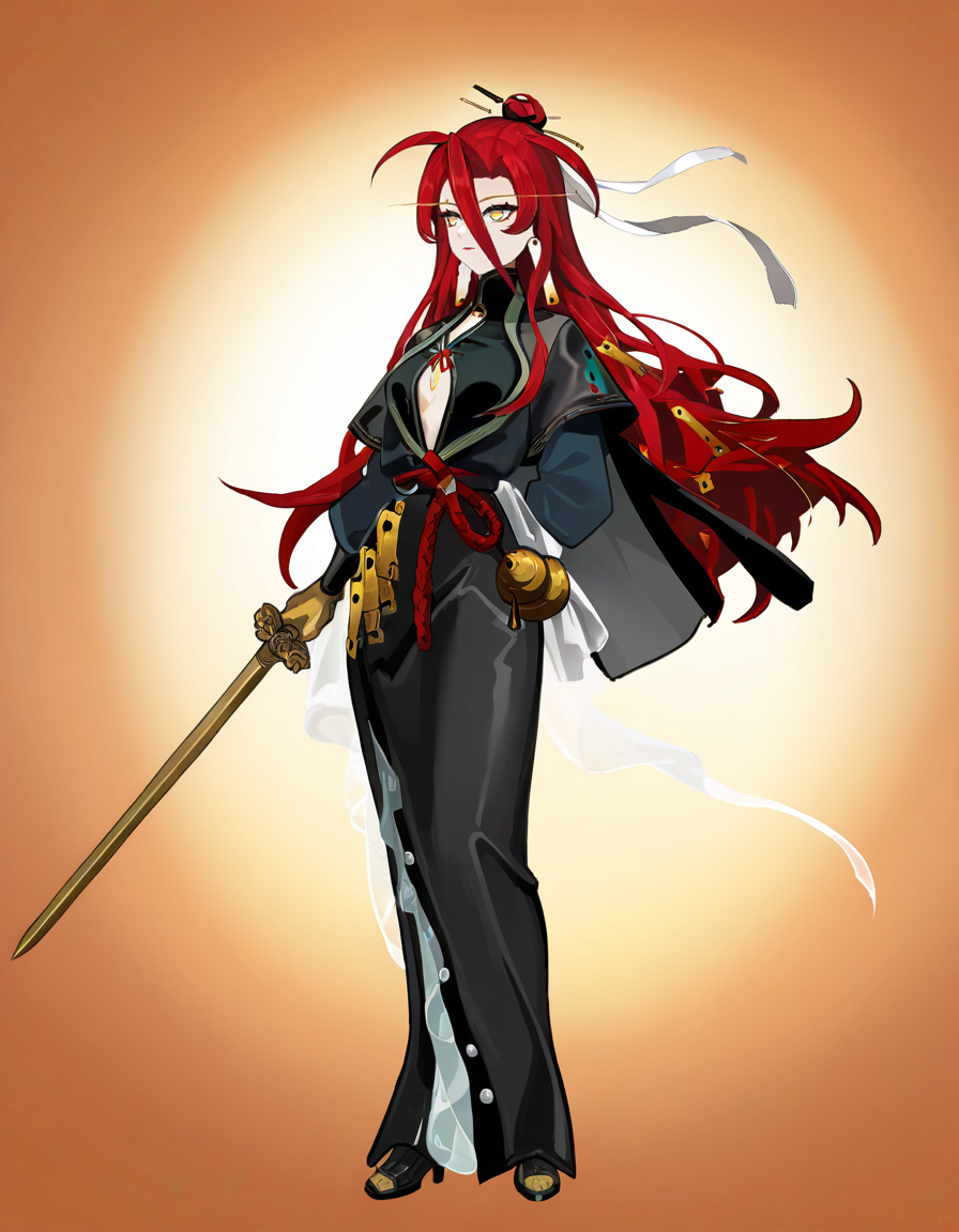 <lora:chuyi_noob:1>,xytx-chuyi,anotherstyle,1girl,solo,red hair,long hair,yellow eyes,gloves,full body,breasts,white background,holding,hair between eyes,simple background,dress,weapon,yellow gloves,jewelry,black dress,hair ornament,high heels,earrings,capelet,standing,very long hair,long sleeves,
masterpiece,best quality,very aesthetic,absurdres,