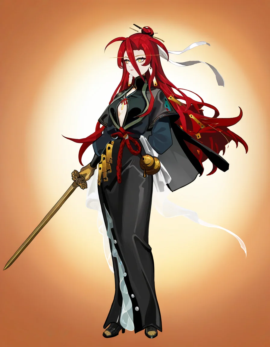 <lora:chuyi_noob:1>,xytx-chuyi,anotherstyle,1girl,solo,red hair,long hair,yellow eyes,gloves,full body,breasts,white background,holding,hair between eyes,simple background,dress,weapon,yellow gloves,jewelry,black dress,hair ornament,high heels,earrings,capelet,standing,very long hair,long sleeves,
masterpiece,best quality,very aesthetic,absurdres,