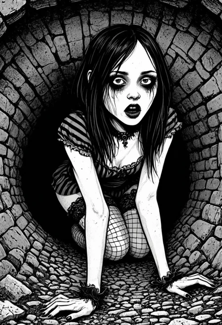 gothic, digital illustration, flat colors, line art, black and white, Mentally unstable Alice Lidell crawling through a hole,, disturbed, sad, sexy,