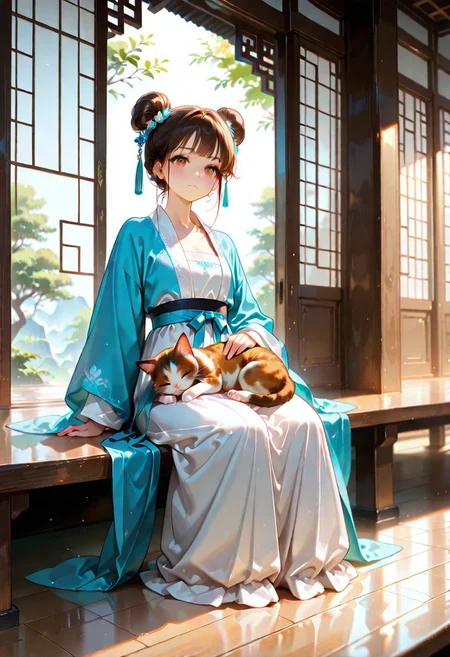 1girl, solo, 4k, hd, ultra detailed, masterpiece, best quality, very aesthetic, absurdres, full body, aesthetic background, detailed background, cute, brown eyes, brown hair, double bun, perfect eyes, beautiful eyes, detailed face, beautiful face, hanfu, beautiful and exquisite hanfu, detailed hanfu, sitting on the porch, dynamic view, sleeping kitten, kitten on lap,