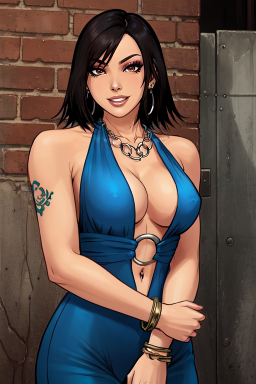 ShunYingYee, short black hair,right arm tattoo,brown eyes,makeup,
blue dress, jewelry,breasts,necklace,bracelet,cleavage,earrings,bare shoulders,center opening, high heels,o-ring,no bra ,navel piercing, nail polish,
  cowboy shot,  upper body,  smile,  
streets, brick wall,  chain-link fence,  graffiti, night, 
(insanely detailed, beautiful detailed face, masterpiece, best quality) 
 <lora:ShunYingYee:0.7>