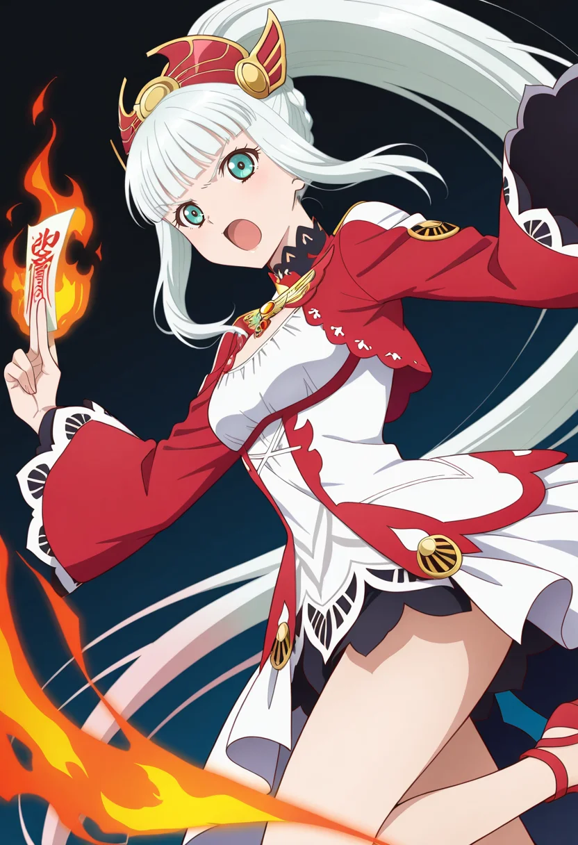open mouth, ofuda, holding ofuda, serious, casting spell, flame, magic circle,
cowboy shot, dynamic angle,
BREAK,
<lora:lailahI_illustriousXL_v04:1>
lailahdef, silver hair, very long hair, multicolored hair, blunt bangs, pink hair, aqua eyes, red headwear, ponytail,
laced collar, breast cutout, jewelry, sidelocks, white dress, red dress, multi-colored dress, long sleeves, red sleeves, wide sleeves, white overskirt,
high heels, red heels,, source_anime, very aesthetic, anime coloring, masterpiece,
best quality, amazing quality, ultra detailed, very aesthetic,
detailed background,
BREAK,, gradient background, dark blue background, particle effects,