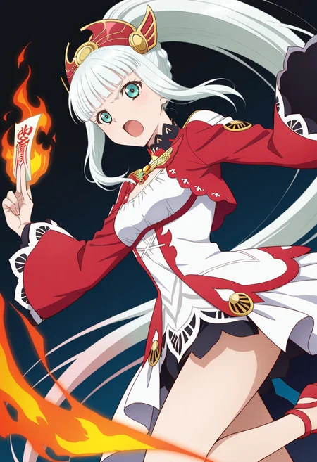 open mouth, ofuda, holding ofuda, serious, casting spell, flame, magic circle,
cowboy shot, dynamic angle,
BREAK,
<lora:lailahI_illustriousXL_v04:1>
lailahdef, silver hair, very long hair, multicolored hair, blunt bangs, pink hair, aqua eyes, red headwear, ponytail,
laced collar, breast cutout, jewelry, sidelocks, white dress, red dress, multi-colored dress, long sleeves, red sleeves, wide sleeves, white overskirt,
high heels, red heels,, source_anime, very aesthetic, anime coloring, masterpiece,
best quality, amazing quality, ultra detailed, very aesthetic,
detailed background,
BREAK,, gradient background, dark blue background, particle effects,