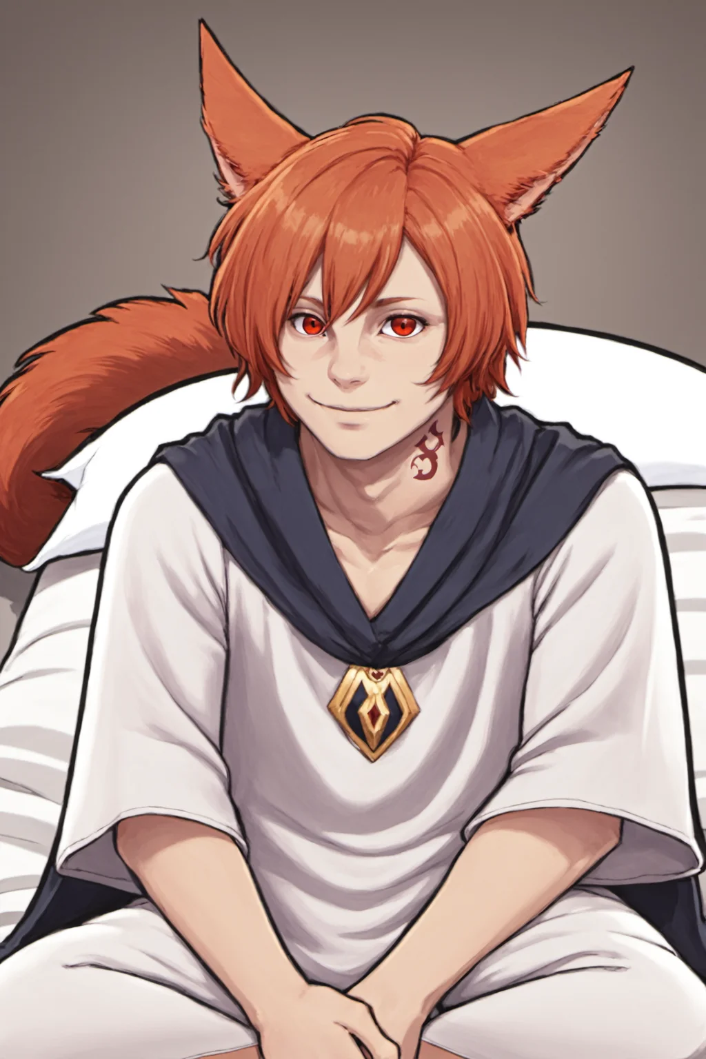 G'raha Tia, solo, long hair, looking at viewer, smile, red eyes, 1boy, white background, animal ears, hair between eyes, sitting, closed mouth, collarbone, tail, full body, male focus, red hair, barefoot, cat ears, orange hair, cat tail, bed sheet, wariza, facial mark, hand between legs, miqo'te, <lora:EMS-51676-EMS:0.800000>
