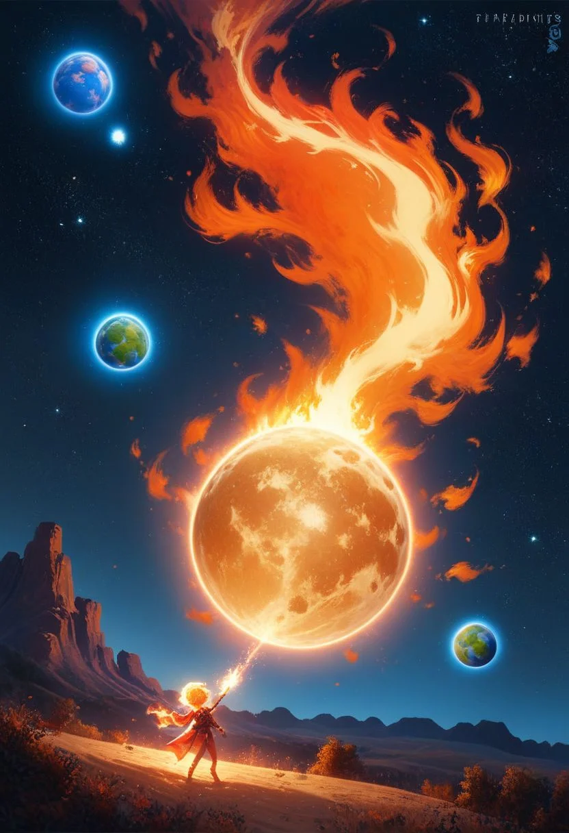 score_9, score_8_up, score_8_up, planet earth, space, dark theme, masterpiece, planet engulfed in fire, composed of fire elements dark, fire element, warm glow, backlit, <lora:add-detail-xl:0.4> <lora:Fant5yP0ny:0.8>