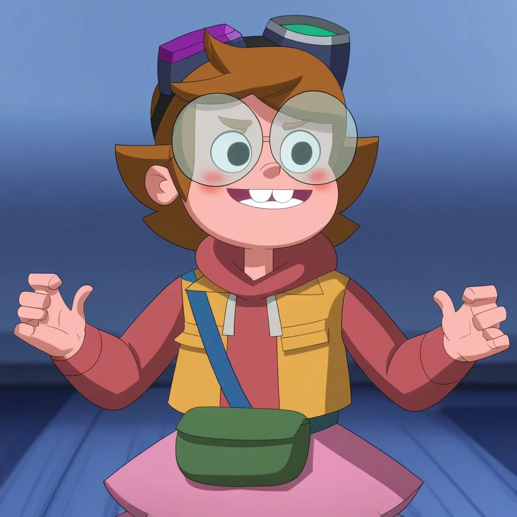 white socks, dark green fanny pack, 1girl, short hair, Ridley_GT, light brown hair, in a room, black eyes, blusing, Light-toned skin, standing, Score_9, full body, goggles over the head, watch on the wrist, pink skirt over it, expressive eyes, light brown eyesbrows, light red hoodie, green pants, bracelet, Glasses, smile, brown boots, Solo