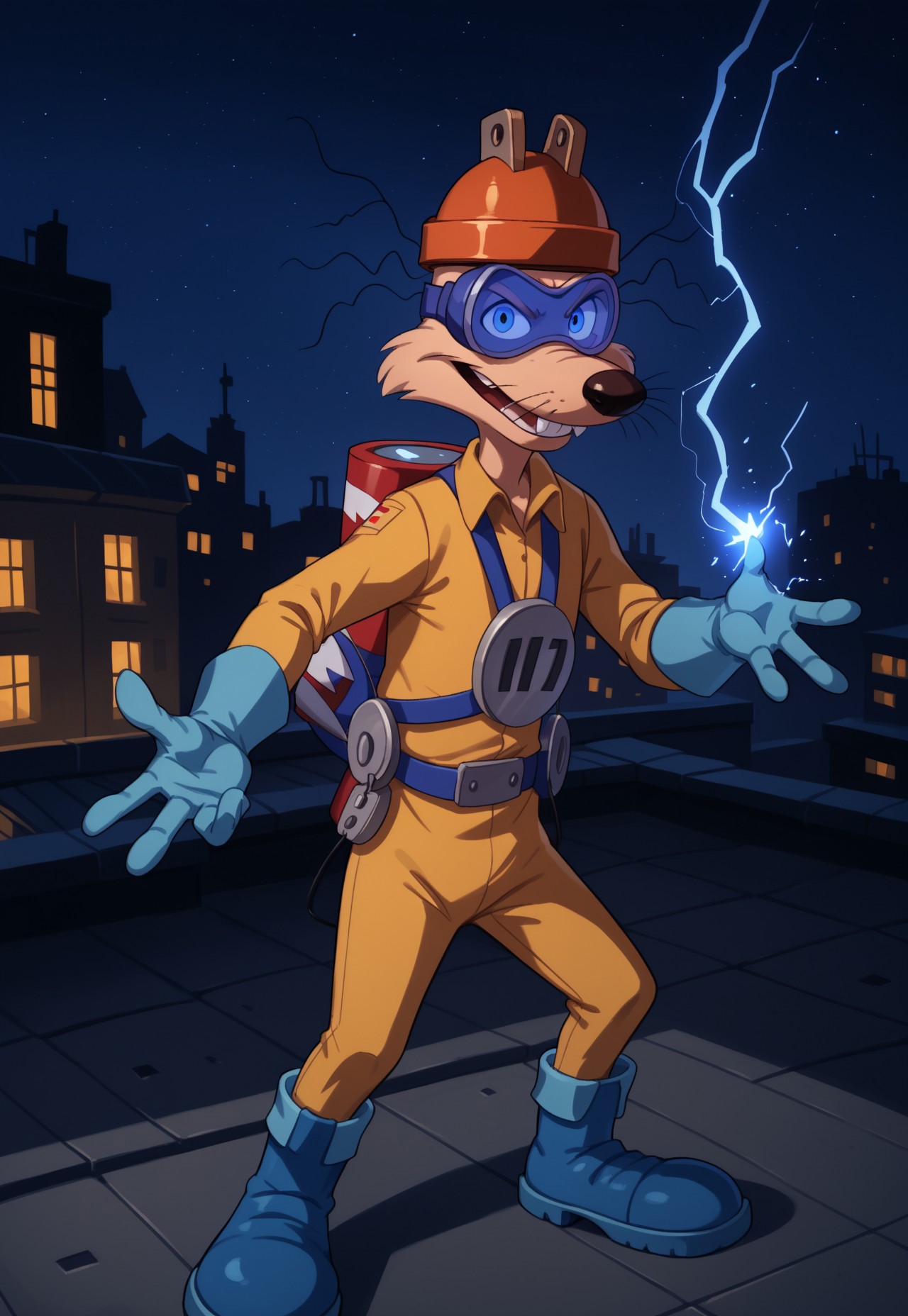 safe_pos, score_9, score_8_up, score_7_up, score_6_up, score_5_up, score_4_up, 1boy, solo, looking at viewer, anthro, megavolt, orange helmet, safety goggles, buck teeth, two protruding hairs on each side, limbal ring on left eye, four fingers, yellow overall, cable reel on left hip, whiskers, red battery on back, plug on chest, blue gloves, blue boots, evil smiling, rooftop setting, perspective, dynamic pose, electrokinesis, electricity, night