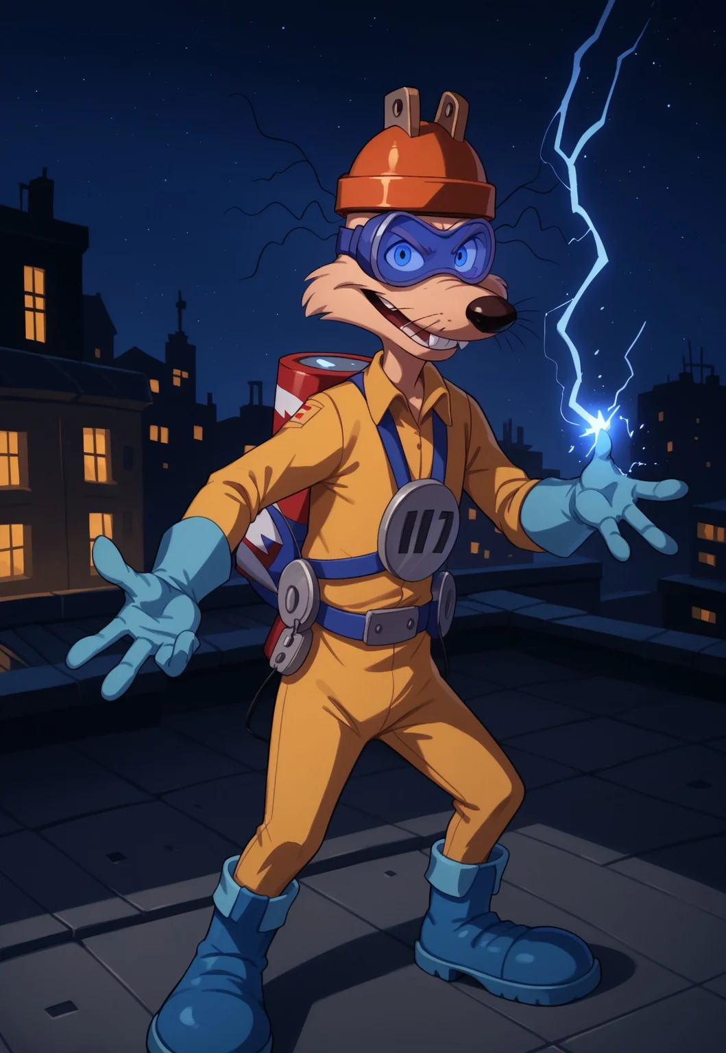 safe_pos, score_9, score_8_up, score_7_up, score_6_up, score_5_up, score_4_up, 1boy, solo, looking at viewer, anthro, megavolt, orange helmet, safety goggles, buck teeth, two protruding hairs on each side, limbal ring on left eye, four fingers, yellow overall, cable reel on left hip, whiskers, red battery on back, plug on chest, blue gloves, blue boots, evil smiling, rooftop setting, perspective, dynamic pose, electrokinesis, electricity, night