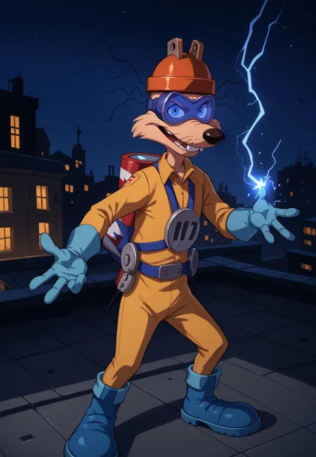 safe_pos, score_9, score_8_up, score_7_up, score_6_up, score_5_up, score_4_up, 1boy, solo, looking at viewer, anthro, megavolt, orange helmet, safety goggles, buck teeth, two protruding hairs on each side, limbal ring on left eye, four fingers, yellow overall, cable reel on left hip, whiskers, red battery on back, plug on chest, blue gloves, blue boots, evil smiling, rooftop setting, perspective, dynamic pose, electrokinesis, electricity, night