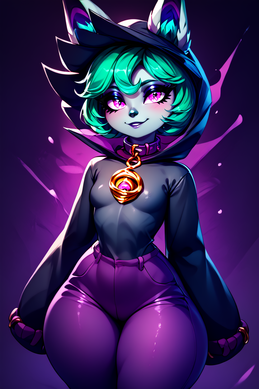 score_9, score_8_up, score_8, medium breasts, (curvy), cute, eyelashes,       BREAK, ,  zzVex, pink eyes, green hair, bangs, short hair, grey skin, colored skin, black hood, hood up, ears through headwear, white animal ears, black shirt, purple collar, golden ornament, long sleeves, sleeves past wrists, purple pants,  <lora:Vex_PDXL:1.0>,, BREAK, closed mouth, alternate costume, smile, looking at viewer, blush, zzLFashion, cowboy shot, ,,, embedding:zPDXL, Expressiveh, ,,, <lora:Vivid:0.7>, <lora:LFashionPDXL:1>, <lora:Uncensored_PonyXL_cpt_v02.09:0.4>, <lora:Expressive_H-000001:0.4>,