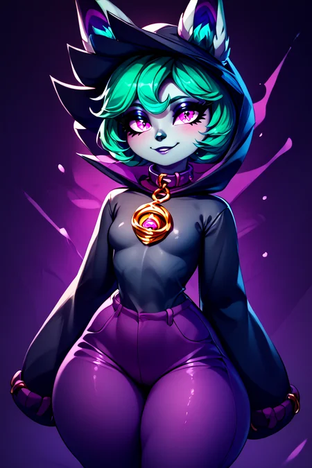 score_9, score_8_up, score_8, medium breasts, (curvy), cute, eyelashes, BREAK, , zzVex, pink eyes, green hair, bangs, short hair, grey skin, colored skin, black hood, hood up, ears through headwear, white animal ears, black shirt, purple collar, golden ornament, long sleeves, sleeves past wrists, purple pants, <lora:Vex_PDXL:1.0>,, BREAK, closed mouth, alternate costume, smile, looking at viewer, blush, zzLFashion, cowboy shot, ,,, embedding:zPDXL, Expressiveh, ,,, <lora:Vivid:0.7>, <lora:LFashionPDXL:1>, <lora:Uncensored_PonyXL_cpt_v02.09:0.4>, <lora:Expressive_H-000001:0.4>,