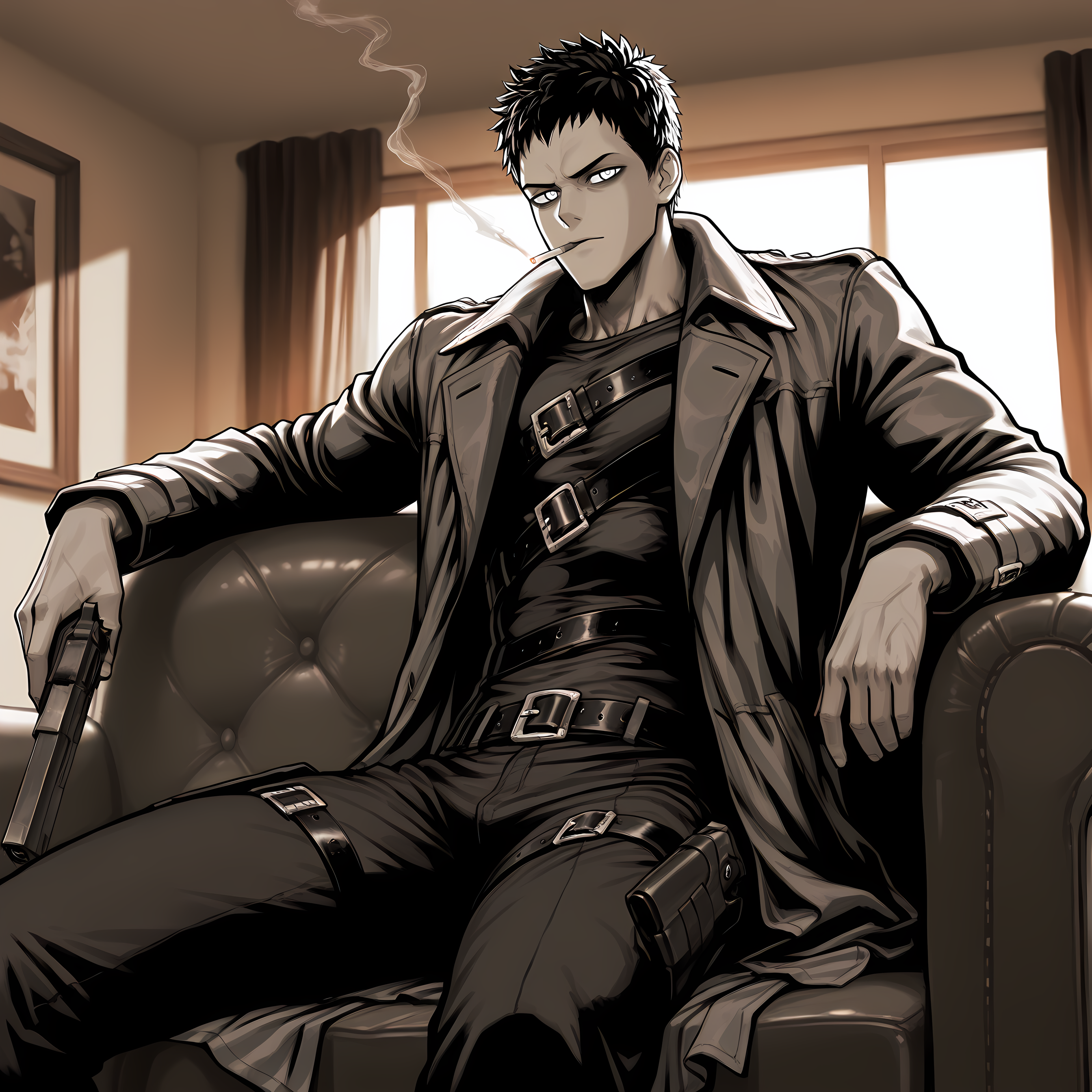 1boy, opmstyle, monochrome, jacket, zombieman, arm rest, buckle, muscular hand, sitting on couch, wifebeater, coat, smoking, smoke trail, handgun, handgun, looking at viewer, solo, room, high quality, best quality, amazing quality, highres, absurdres, masterpiece, aesthetic,  <lora:OPMStyle:1>