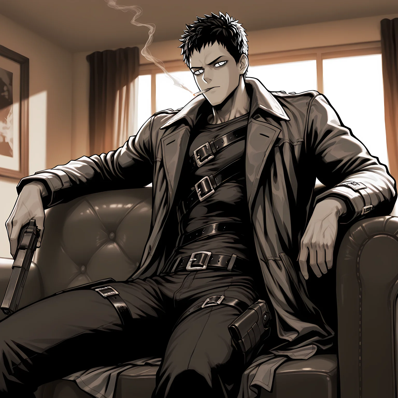 1boy, opmstyle, monochrome, jacket, zombieman, arm rest, buckle, muscular hand, sitting on couch, wifebeater, coat, smoking, smoke trail, handgun, handgun, looking at viewer, solo, room, high quality, best quality, amazing quality, highres, absurdres, masterpiece, aesthetic, <lora:OPMStyle:1>