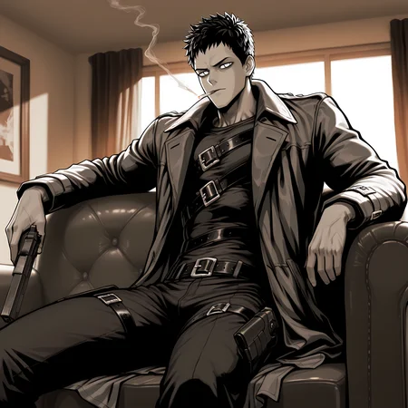 1boy, opmstyle, monochrome, jacket, zombieman, arm rest, buckle, muscular hand, sitting on couch, wifebeater, coat, smoking, smoke trail, handgun, handgun, looking at viewer, solo, room, high quality, best quality, amazing quality, highres, absurdres, masterpiece, aesthetic, <lora:OPMStyle:1>