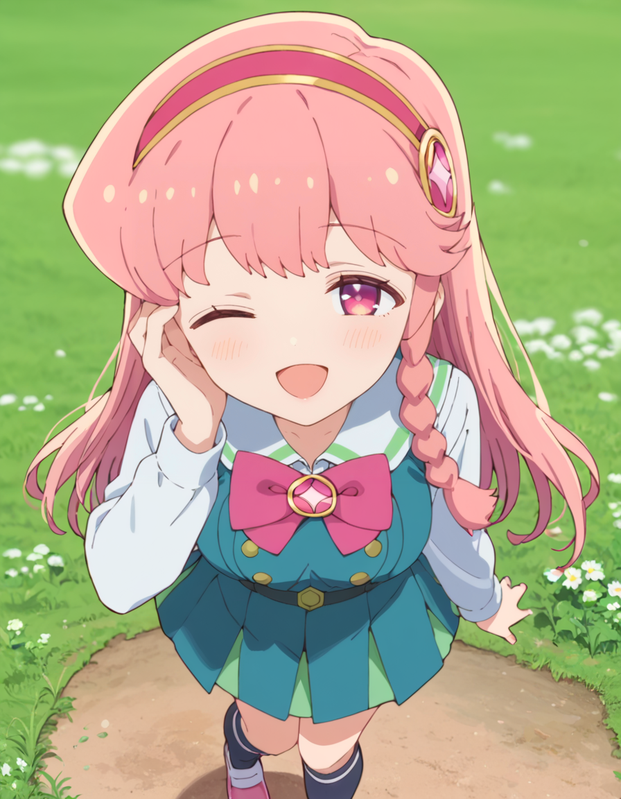 score_9, score_8_up, score_7_up, source_anime, BREAK
1girl, solo, looking at viewer, blurry background, from above, grass, day, grass, hand over eye, one eye closed, happy, open mouth,
mami kirara (puniru wa kawaii slime), long hair, pink hair, hairband, sidelocks, twin braids, pink eyes,
school uniform, sailor collar, white shirt, pink bowtie, long sleeves, pinafore dress, belt, pleated skirt, kneehighs, pink footwear,
<lora:mami_kirara-puniru_wa_kawaii_slime_s1-anime-soralz:1>