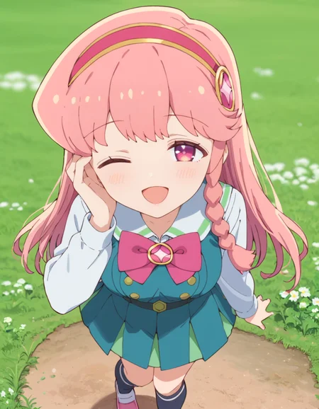 score_9, score_8_up, score_7_up, source_anime, BREAK
1girl, solo, looking at viewer, blurry background, from above, grass, day, grass, hand over eye, one eye closed, happy, open mouth,
mami kirara (puniru wa kawaii slime), long hair, pink hair, hairband, sidelocks, twin braids, pink eyes,
school uniform, sailor collar, white shirt, pink bowtie, long sleeves, pinafore dress, belt, pleated skirt, kneehighs, pink footwear,
<lora:mami_kirara-puniru_wa_kawaii_slime_s1-anime-soralz:1>