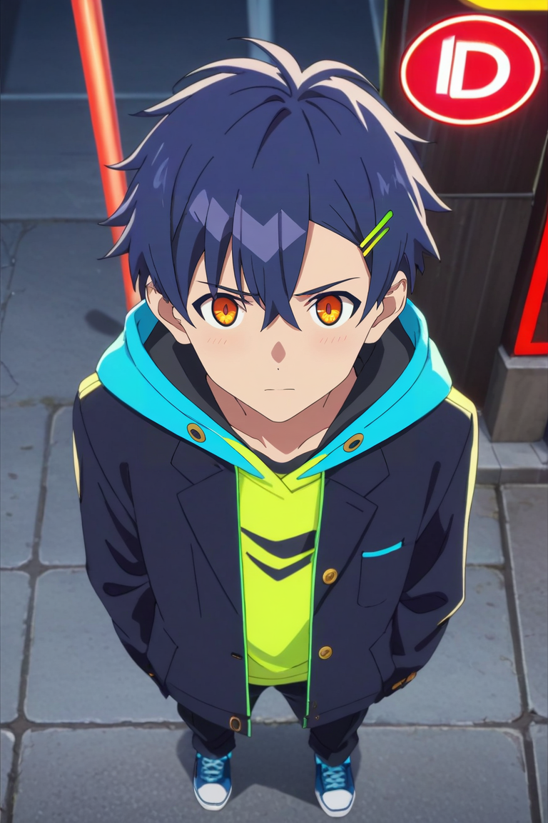 score_9, score_8_up, score_7_up, source_anime, rating_safe, , anime screencap, anime coloring, , looking at viewer, , 1boy, solo, male focus, <lora:yomogi_asanaka_pony:0.76>, yomogi_asanaka, blue hair, orange eyes, short hair, bangs, hair between eyes, hairclip, hair ornament, from above, full body, hong kong \(city\), traffic signals, street lights, neon signs, dusk, arm at side, shy, blush, , <lora:sdxl_lightning_8step_lora:1>